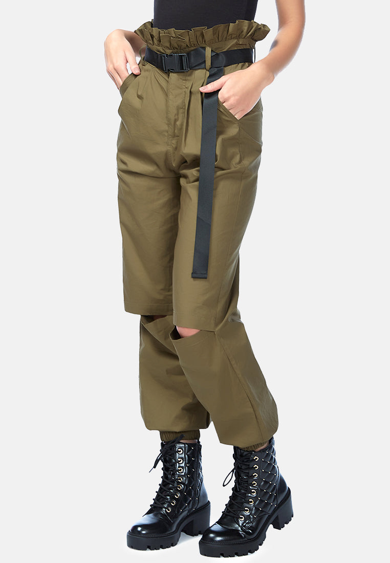 paper bag pants with buckled belt#color_military-green