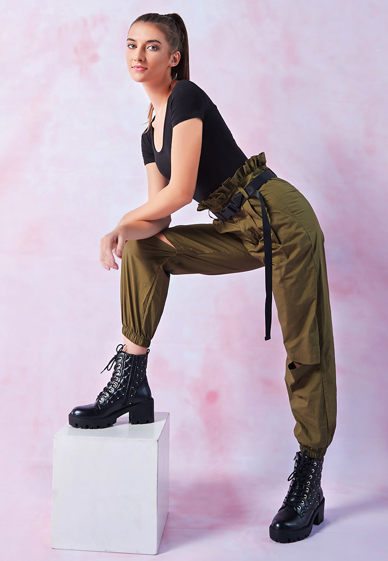 paper bag pants with buckled belt#color_military-green