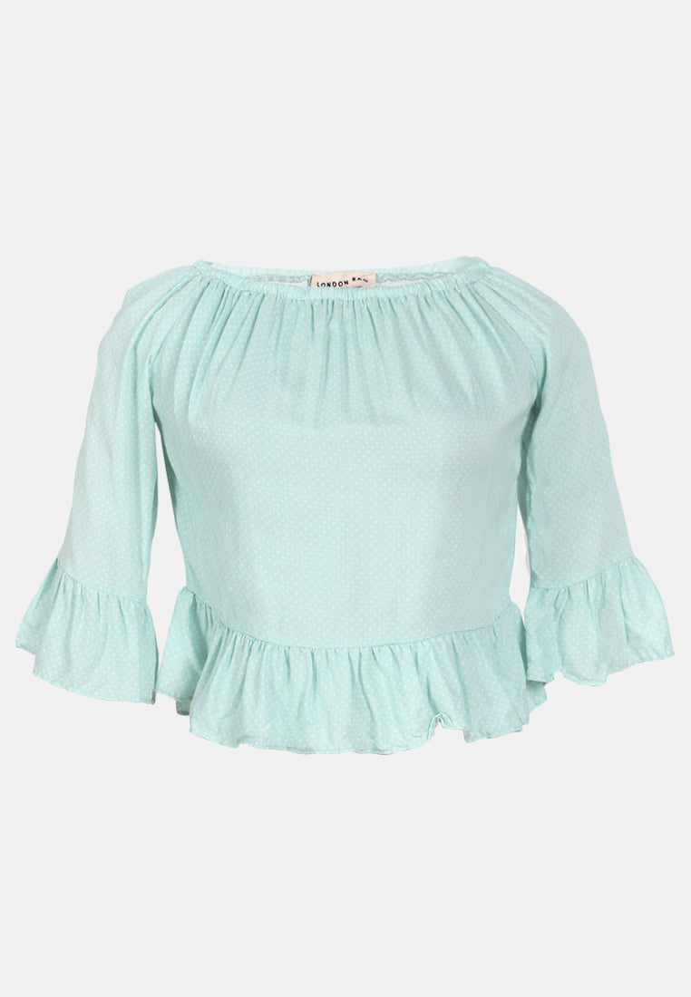 white polka dot off shoulder top#color_mint