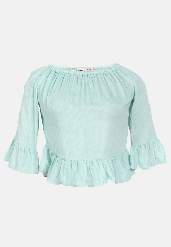 white polka dot off shoulder top#color_mint