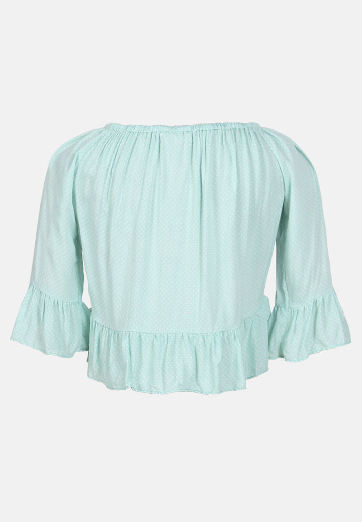 white polka dot off shoulder top#color_mint