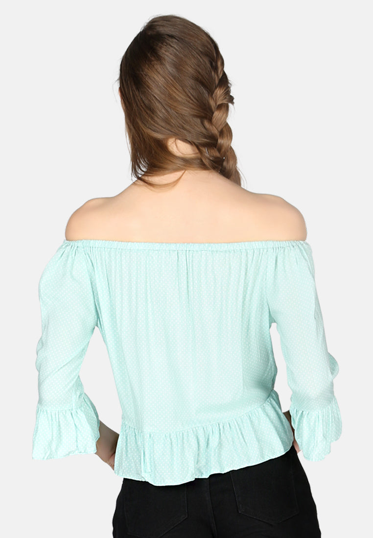 white polka dot off shoulder top#color_mint