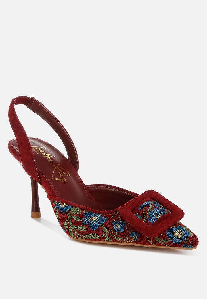 embroidered buckle detail stiletto heels by ruw#color_burgundy