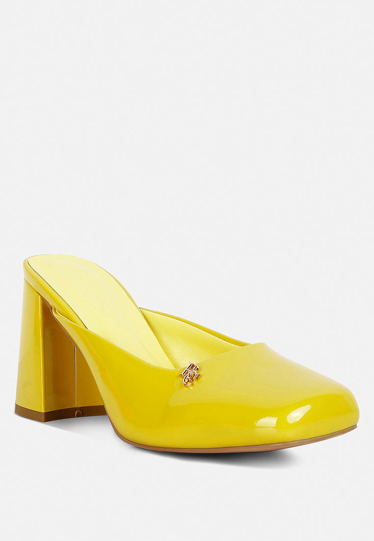 neoplast patent pu block heeled mules by ruw#color_yellow