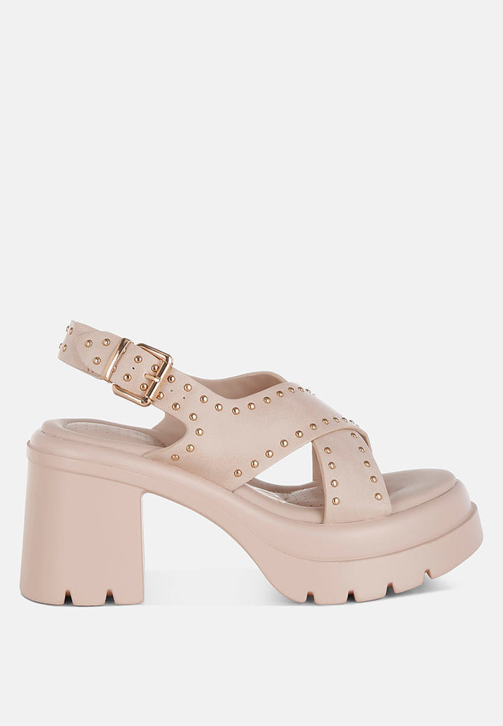stud embellished block heel sandals by ruw#color_beige