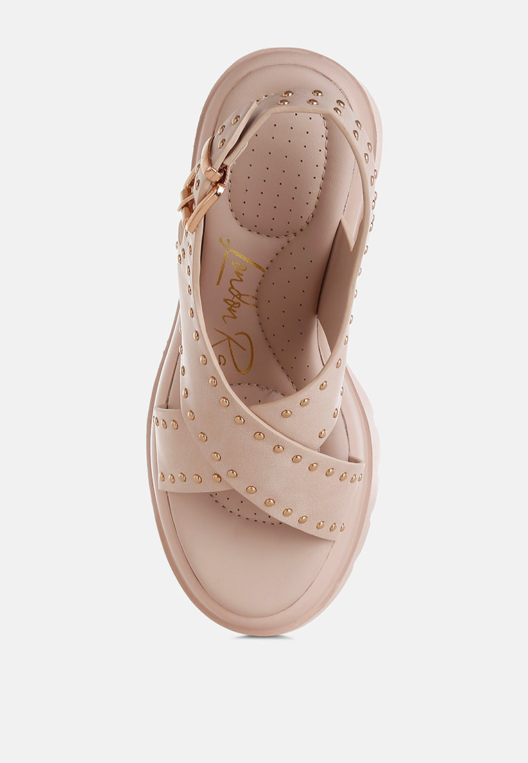 stud embellished block heel sandals by ruw#color_beige
