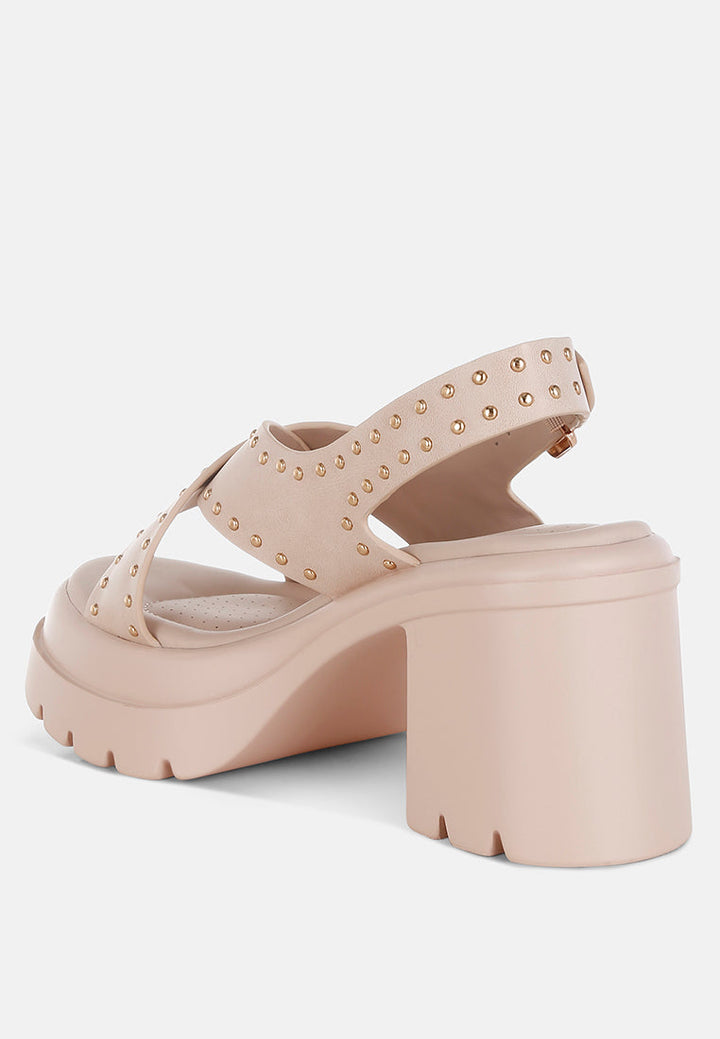 stud embellished block heel sandals by ruw#color_beige