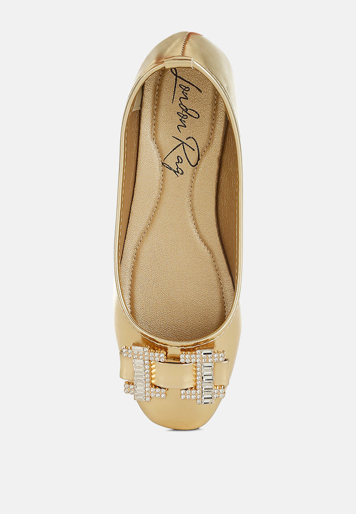 rhinestone buckle metallic ballerinas by ruw#color_gold