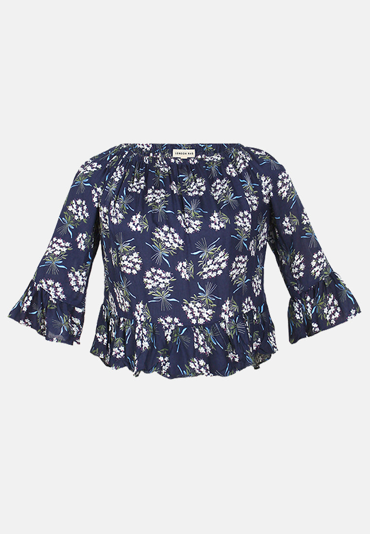 white polka dot off shoulder top#color_navy-floral