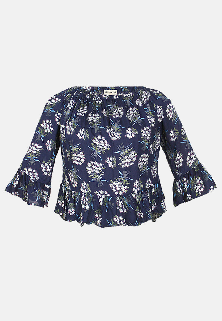 white polka dot off shoulder top#color_navy-floral