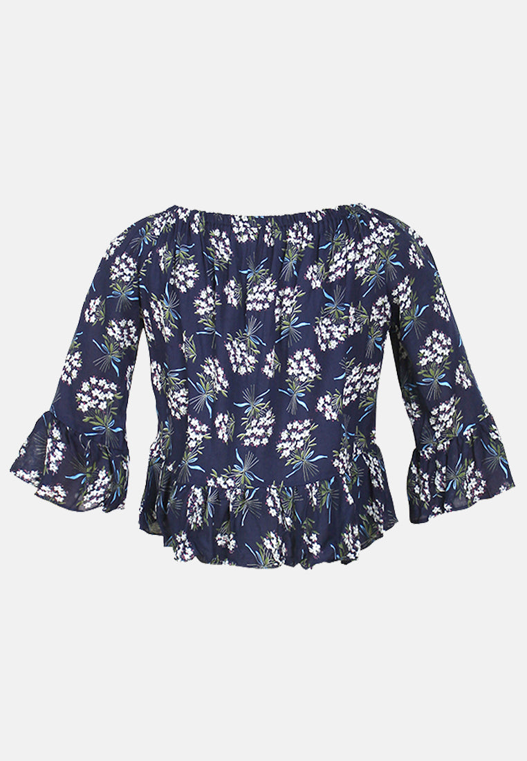 white polka dot off shoulder top#color_navy-floral