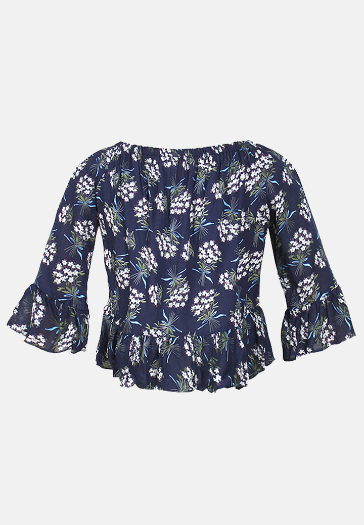 white polka dot off shoulder top#color_navy-floral