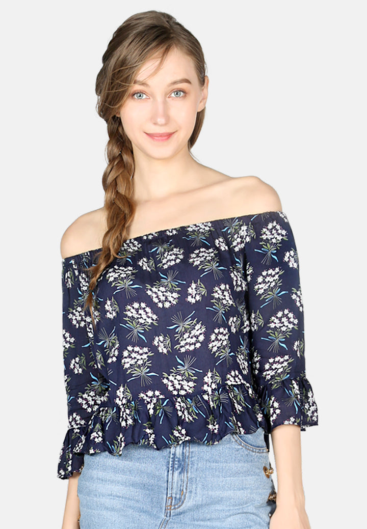 white polka dot off shoulder top#color_navy-floral