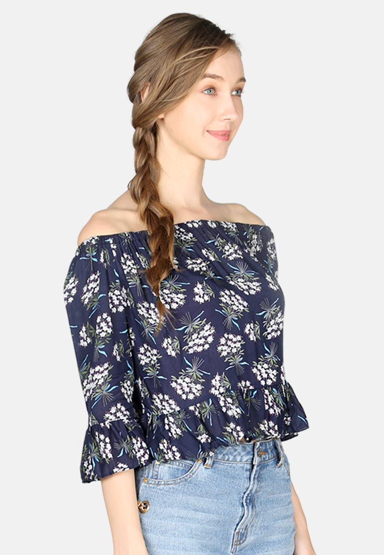 white polka dot off shoulder top#color_navy-floral