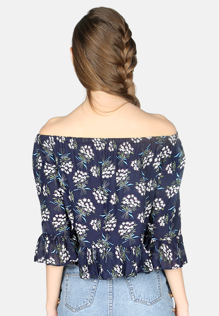 white polka dot off shoulder top#color_navy-floral