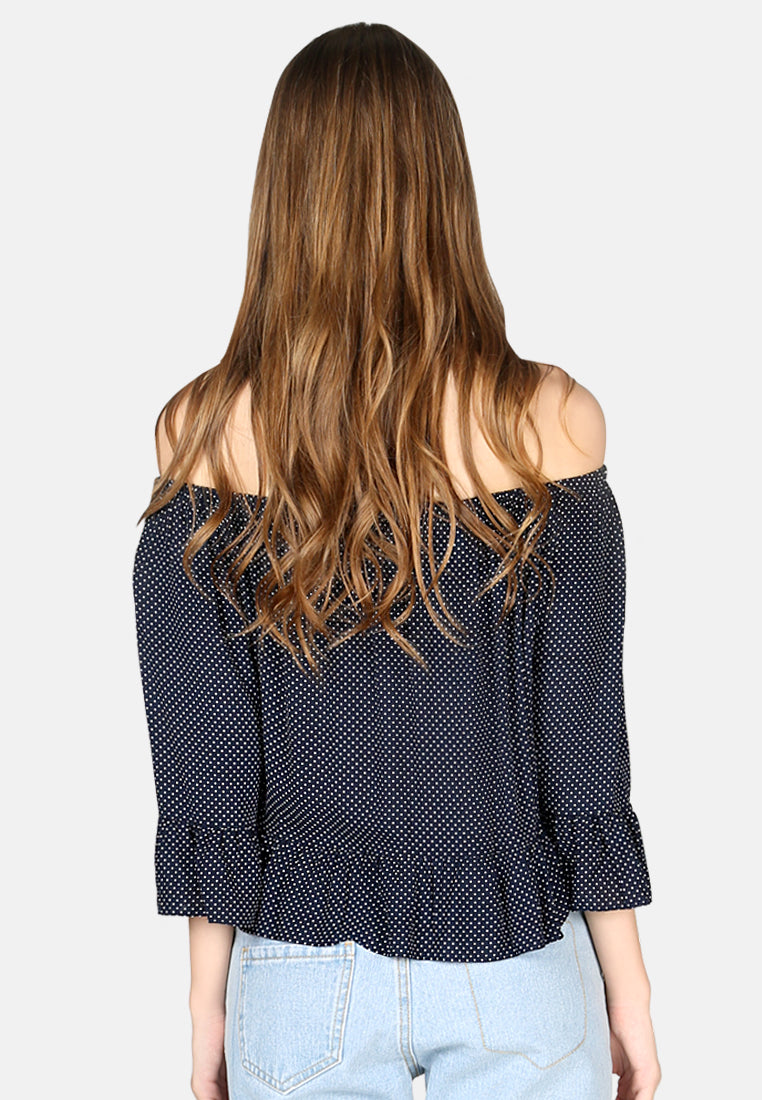 white polka dot off shoulder top#color_navy