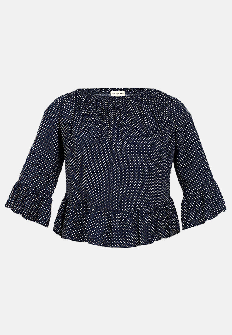 white polka dot off shoulder top#color_navy