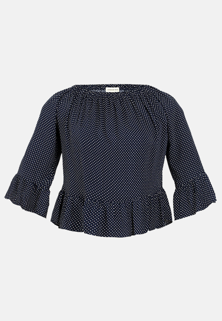 white polka dot off shoulder top#color_navy