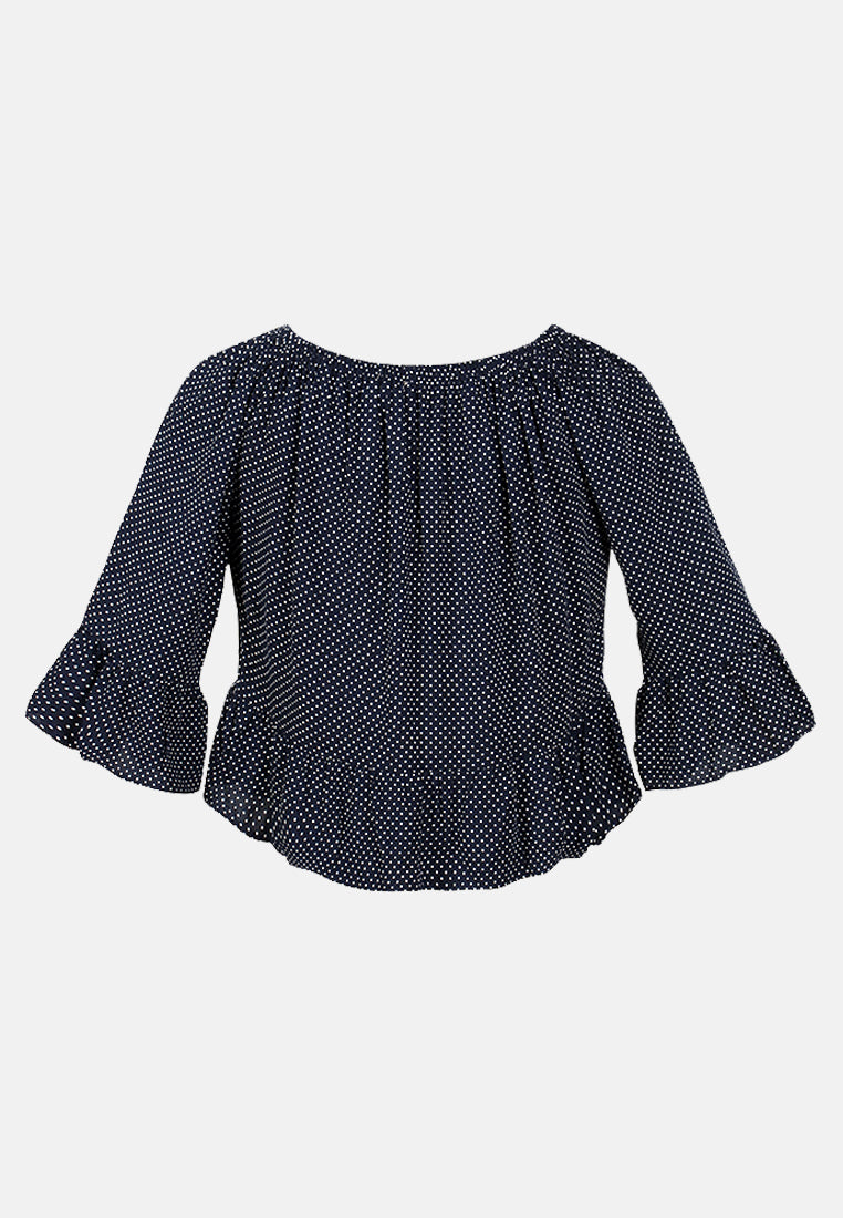 white polka dot off shoulder top#color_navy