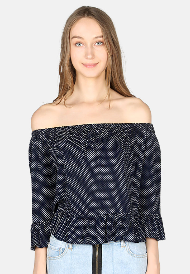 white polka dot off shoulder top#color_navy