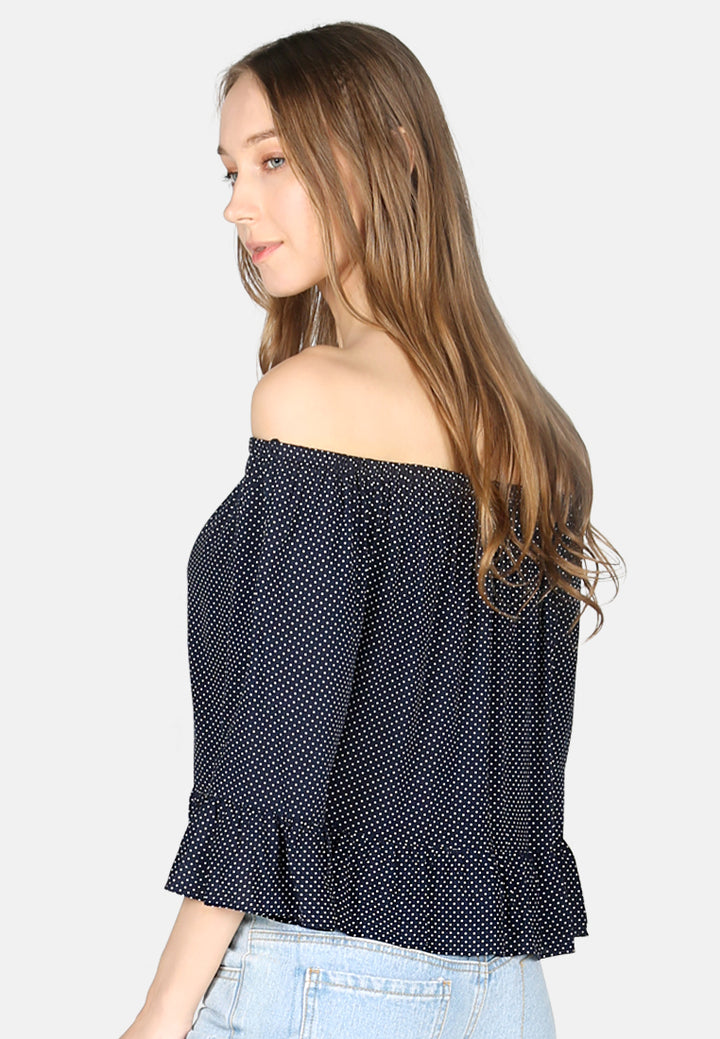 white polka dot off shoulder top#color_navy