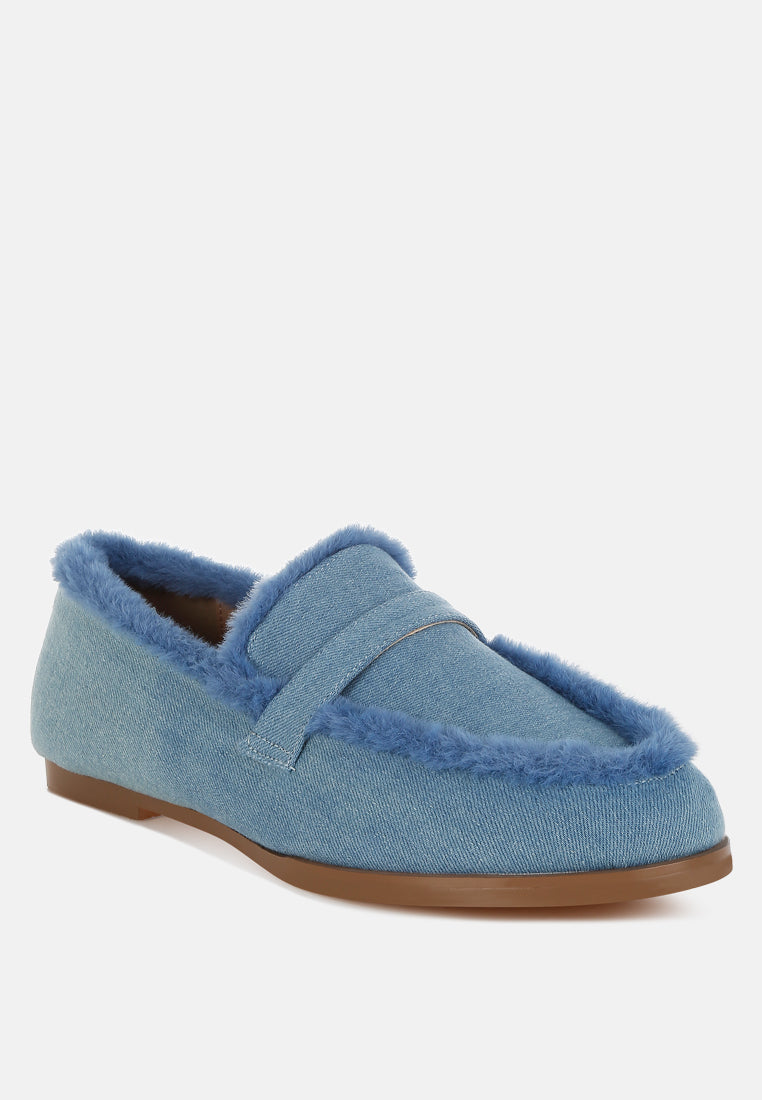 fur detail denim loafers by ruw#color_blue