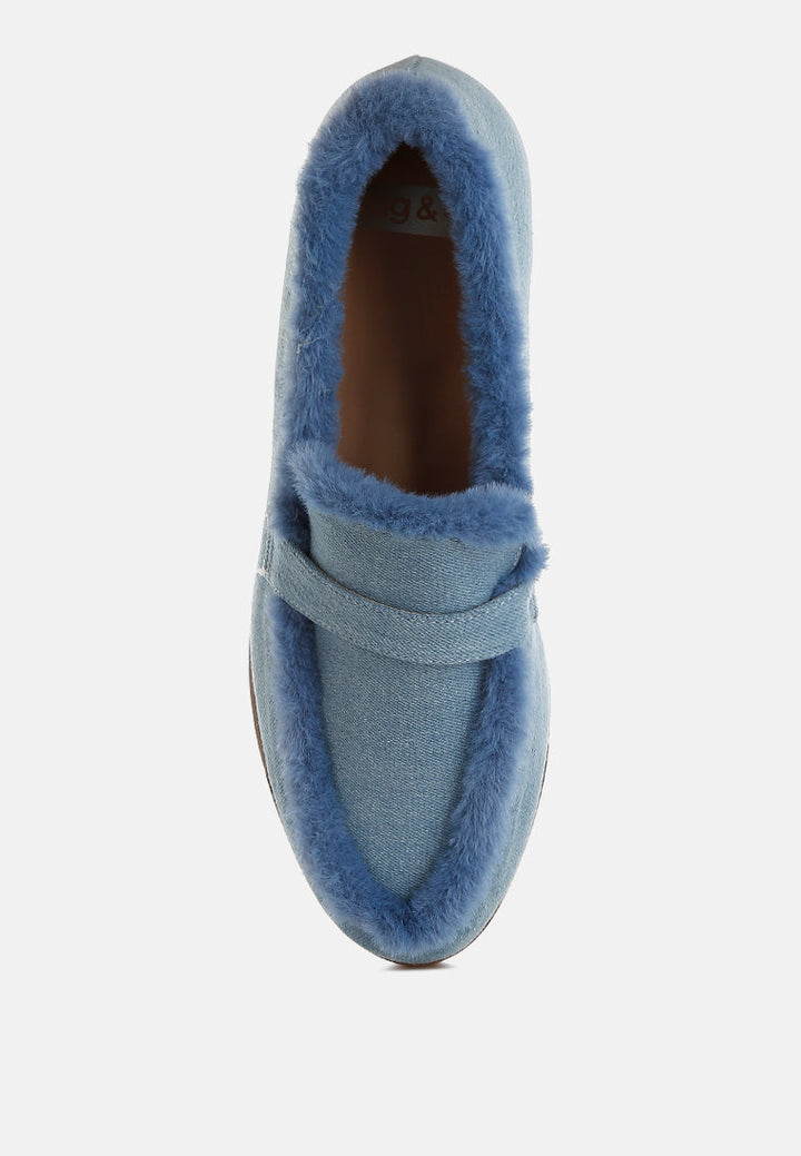 fur detail denim loafers by ruw#color_blue