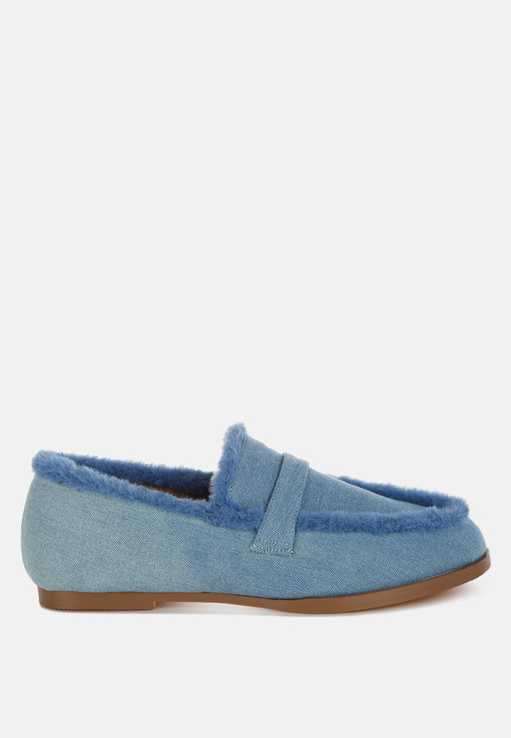 fur detail denim loafers by ruw#color_blue