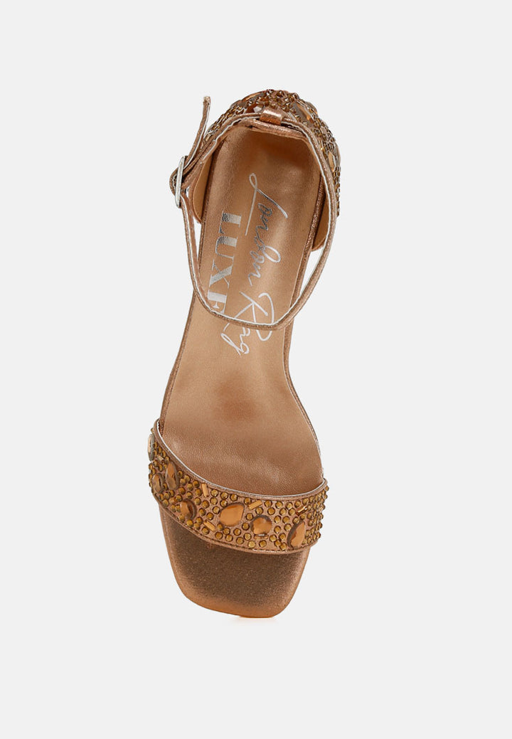 rhinestone embellished shimmer sandals by ruw color_bronze