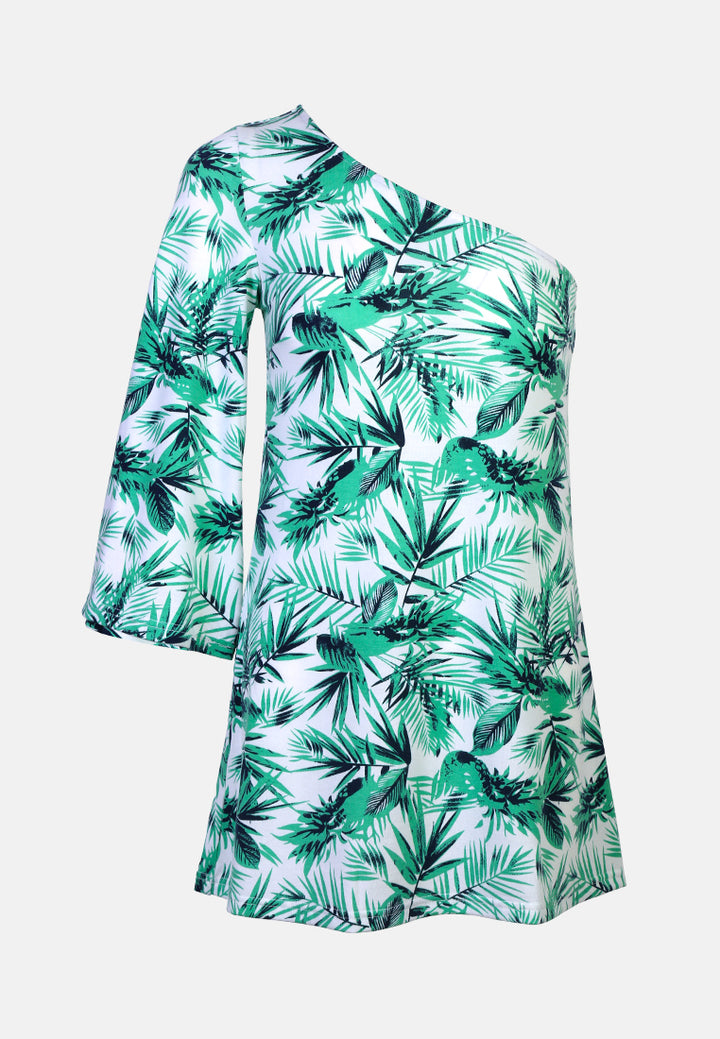 one shoulder tunic top#color_green-leaf-print