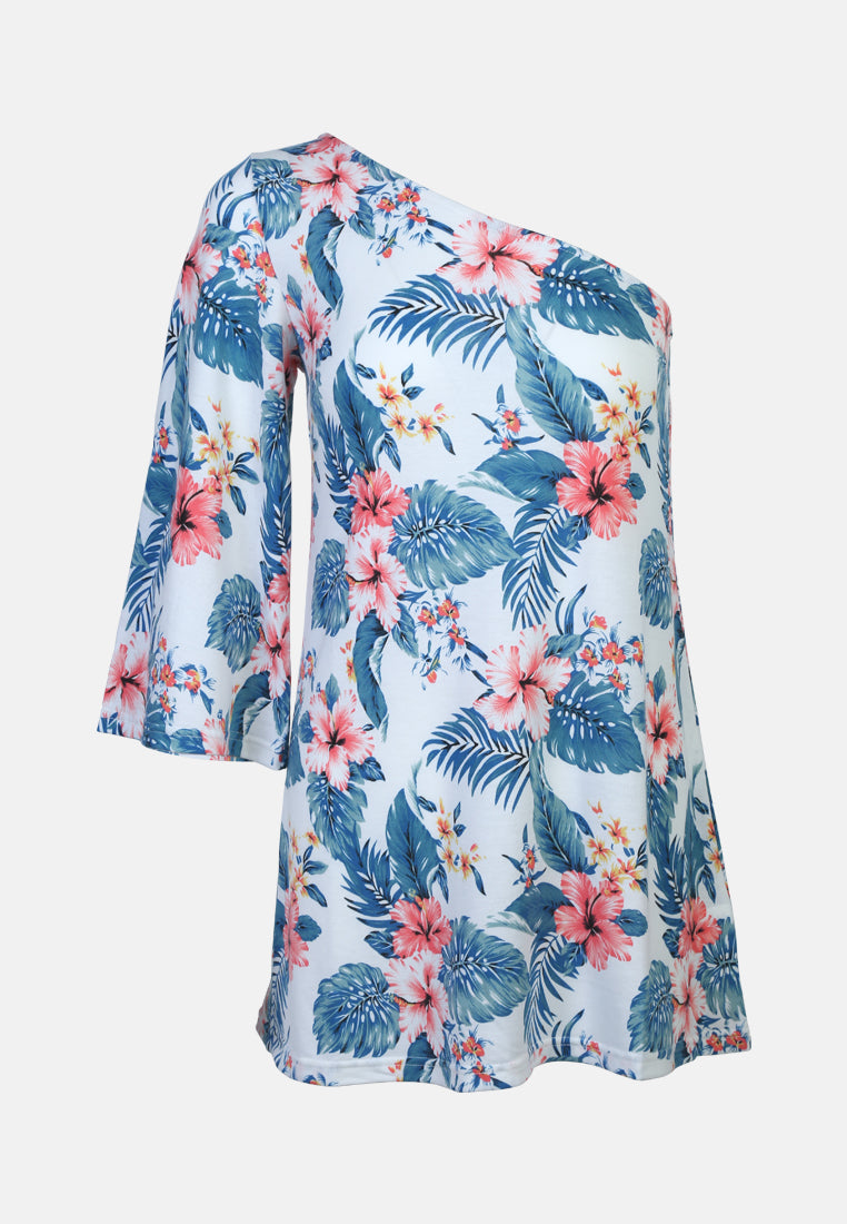 one shoulder tunic top#color_blue-leaf-print