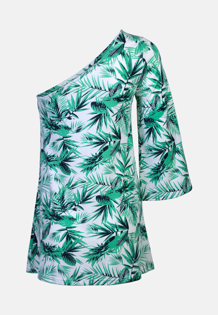 one shoulder tunic top#color_green-leaf-print