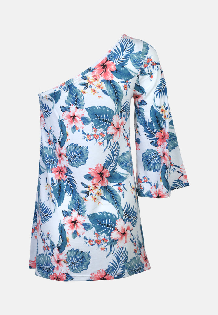 one shoulder tunic top#color_blue-leaf-print