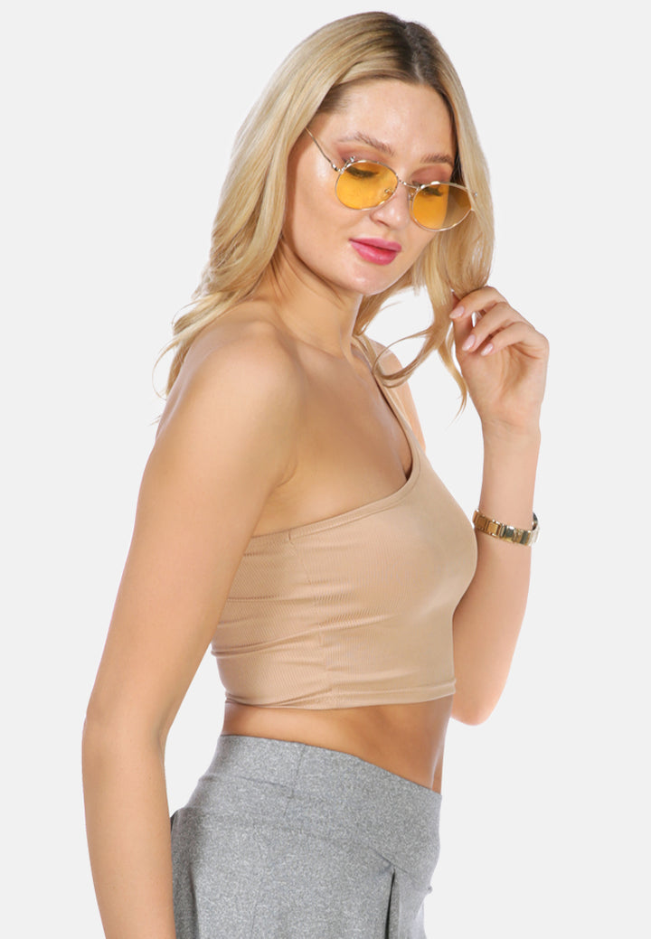 one shoulder knitted crop top#color_khaki