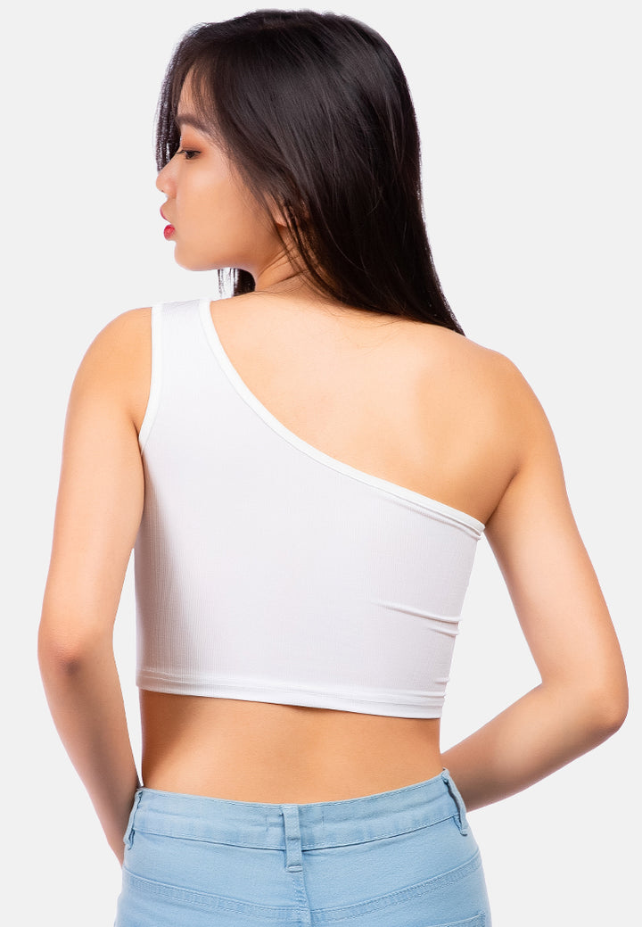 one shoulder knitted crop top#color_white