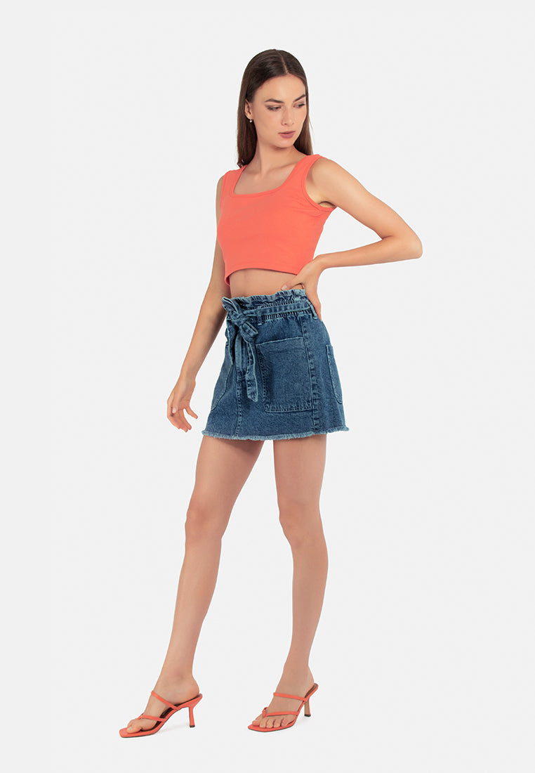 paperbag denim mini skirt#color_light-blue