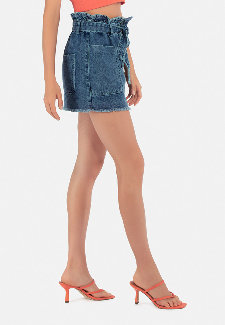 paperbag denim mini skirt#color_light-blue
