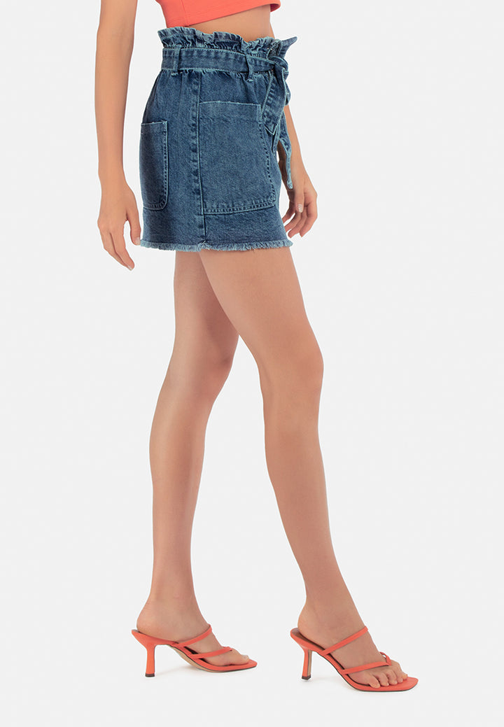 paperbag denim mini skirt#color_light-blue