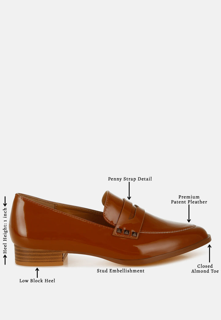 patent pleather penny loafers by ruw color_tan