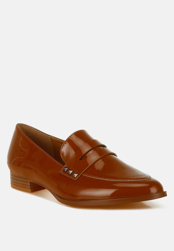 patent pleather penny loafers by ruw color_tan