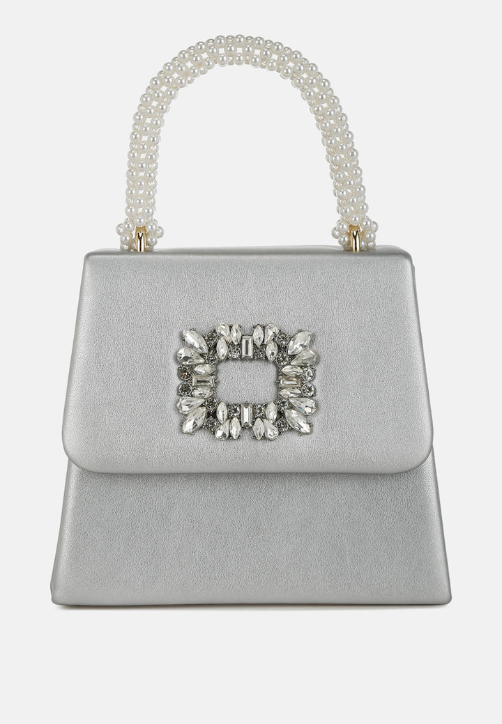 pearl top-handle diamante brooch bag by ruw#color_silver