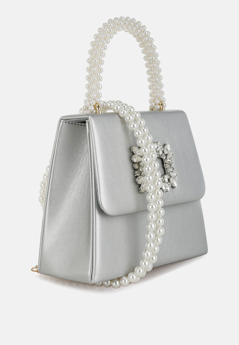 pearl top-handle diamante brooch bag by ruw#color_silver