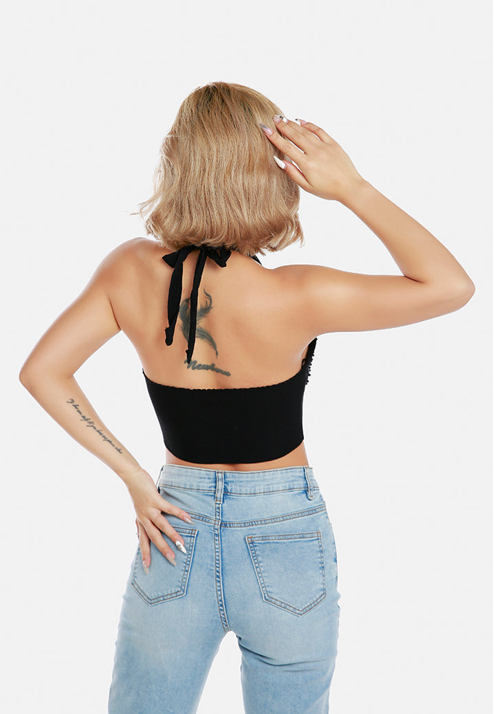 pearl trim knitted halter neck top by ruw#color_black