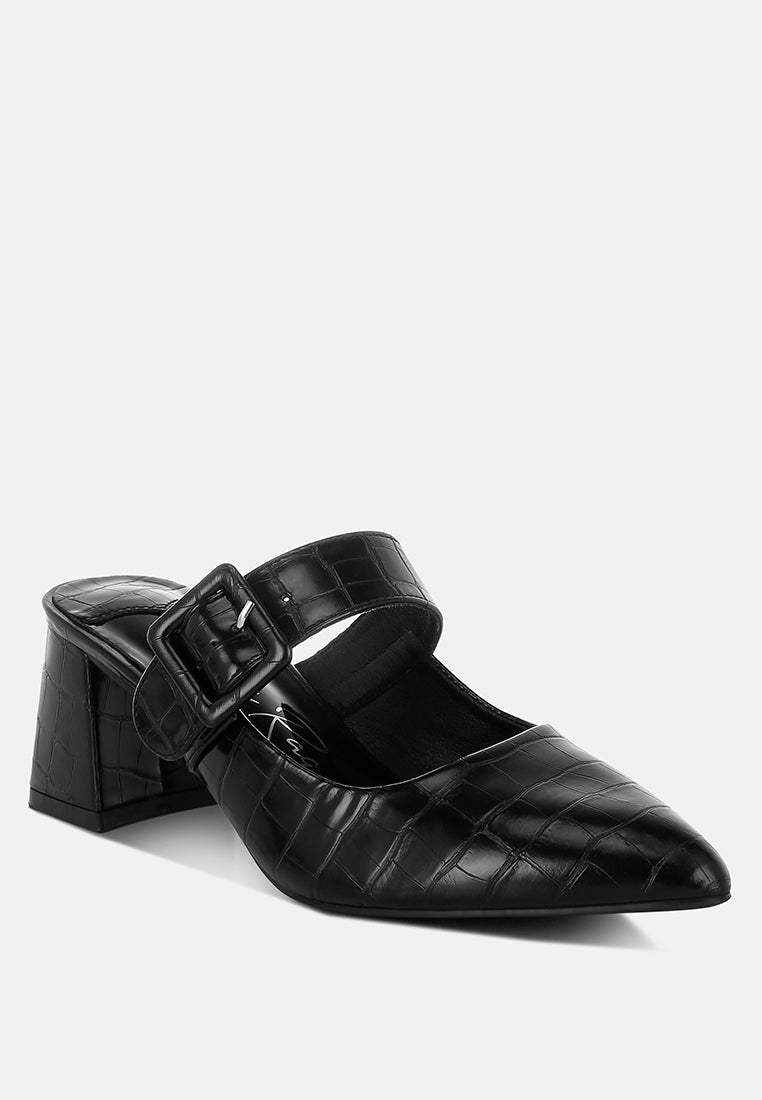 croco buckle strap detail mules by mode#color_black