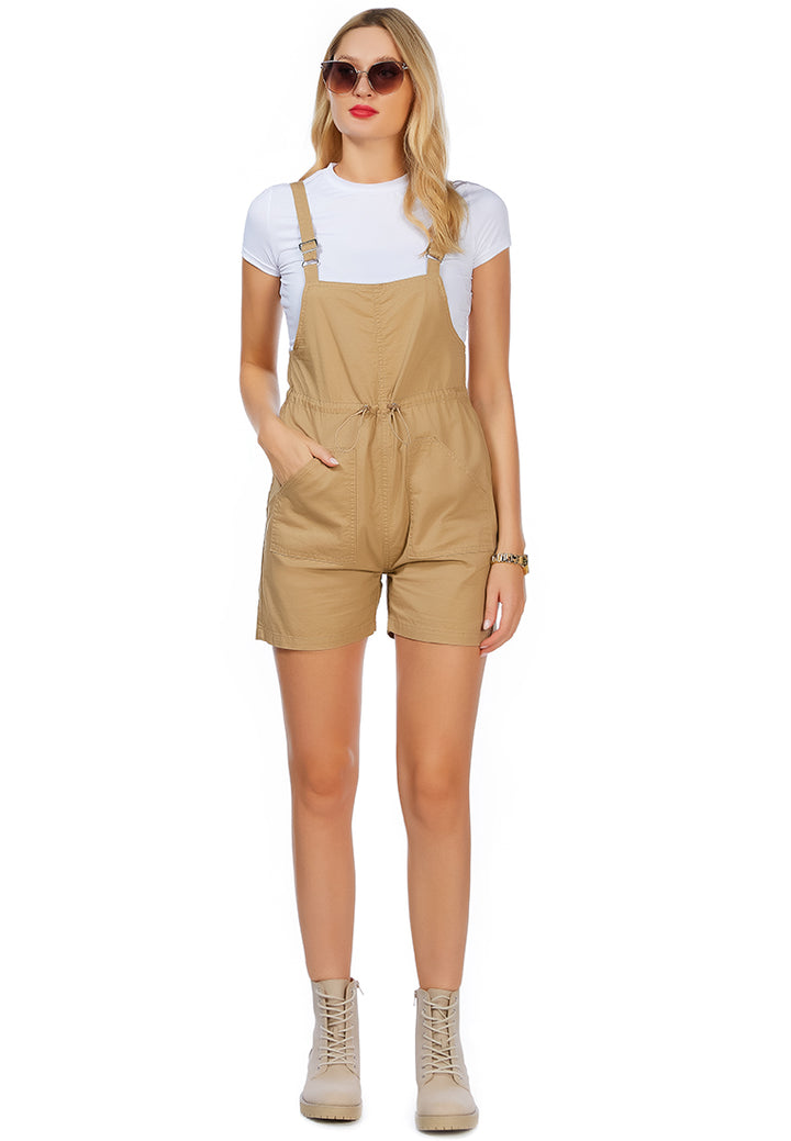 pinafore strap drawstring playsuit#color_beige