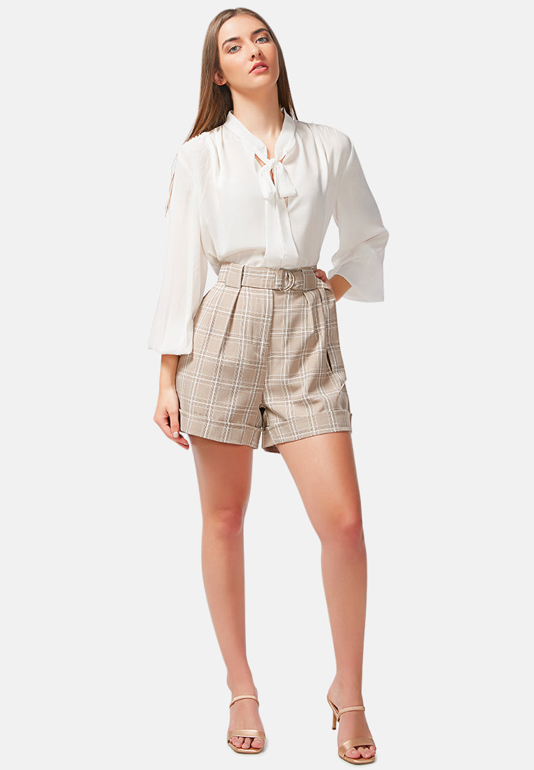plaid upturned hem shorts#color_brown
