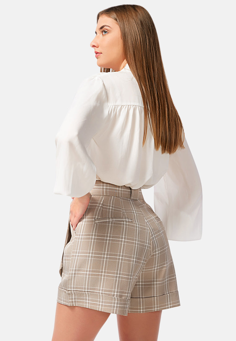 plaid upturned hem shorts#color_brown