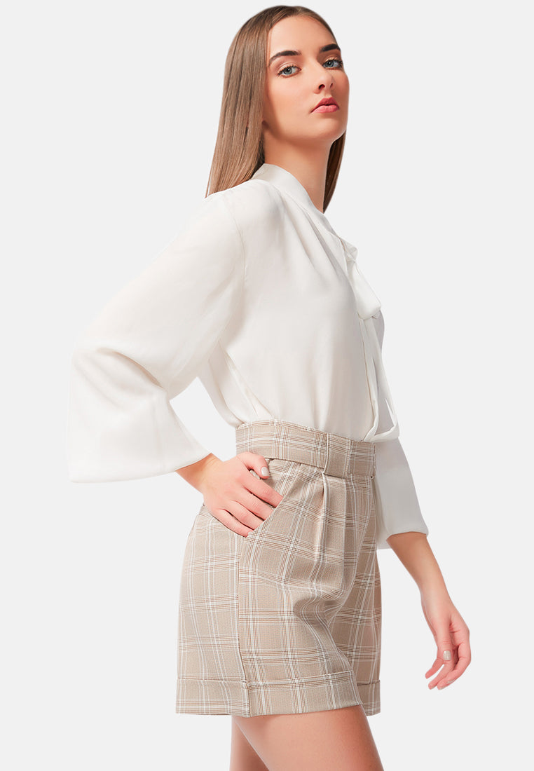 plaid upturned hem shorts#color_brown