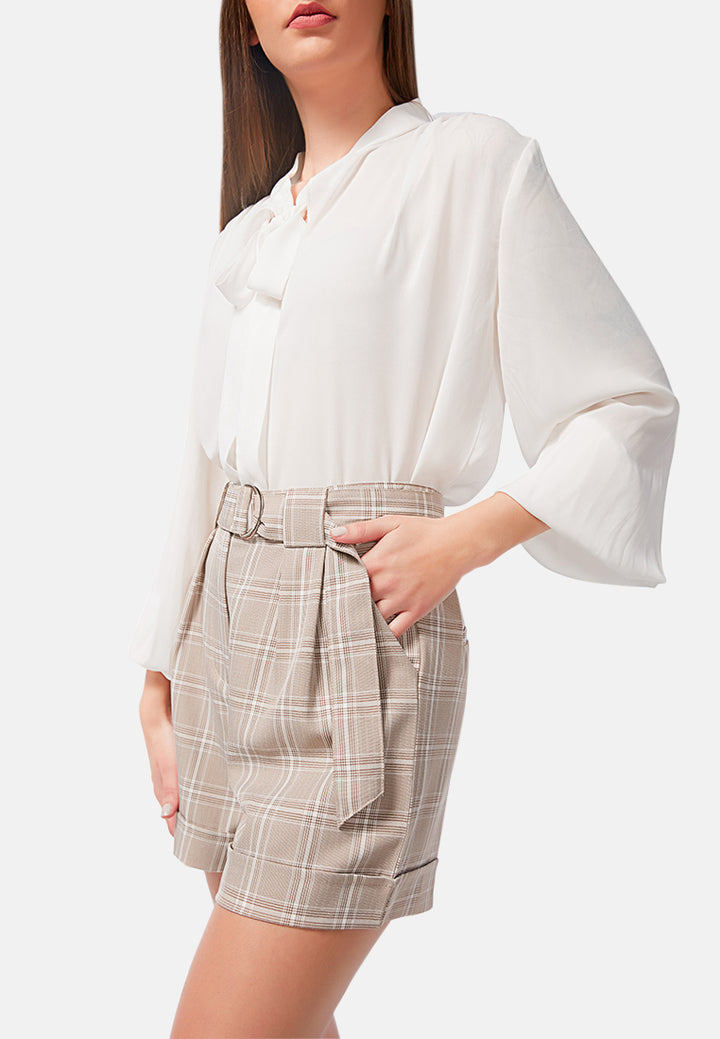 plaid upturned hem shorts#color_brown