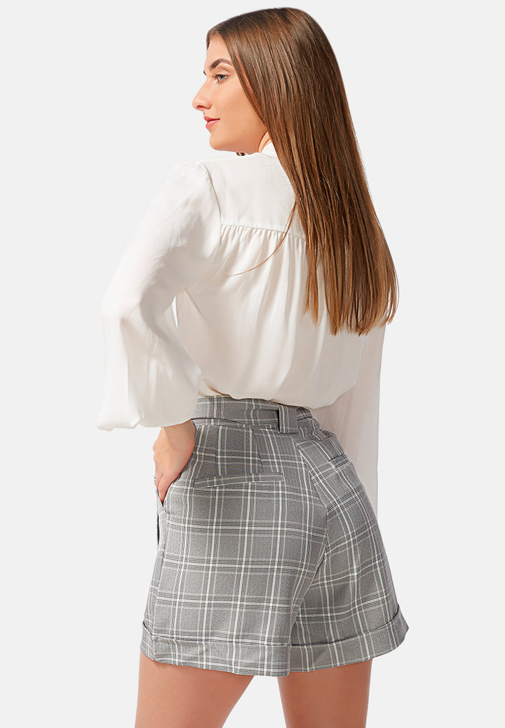 plaid upturned hem shorts#color_grey